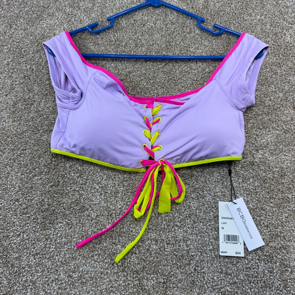 BCBGeneration Womens Lavender Neon Lace Up Cap Sleeve Bikini Top M Swim  Summer